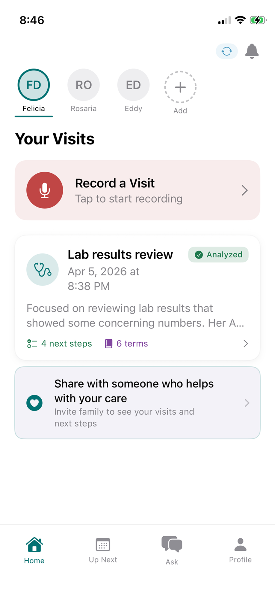 VisitRecall home screen with visits
