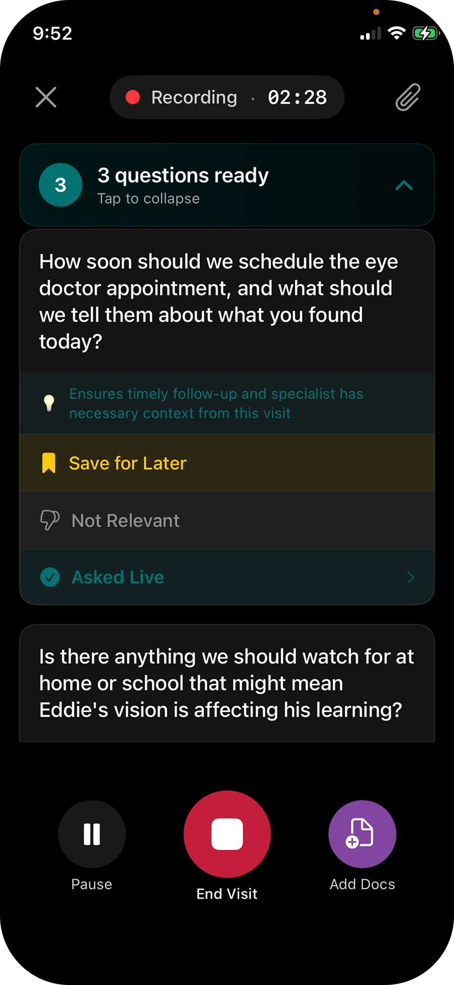 VisitRecall showing real-time questions during a doctor visit